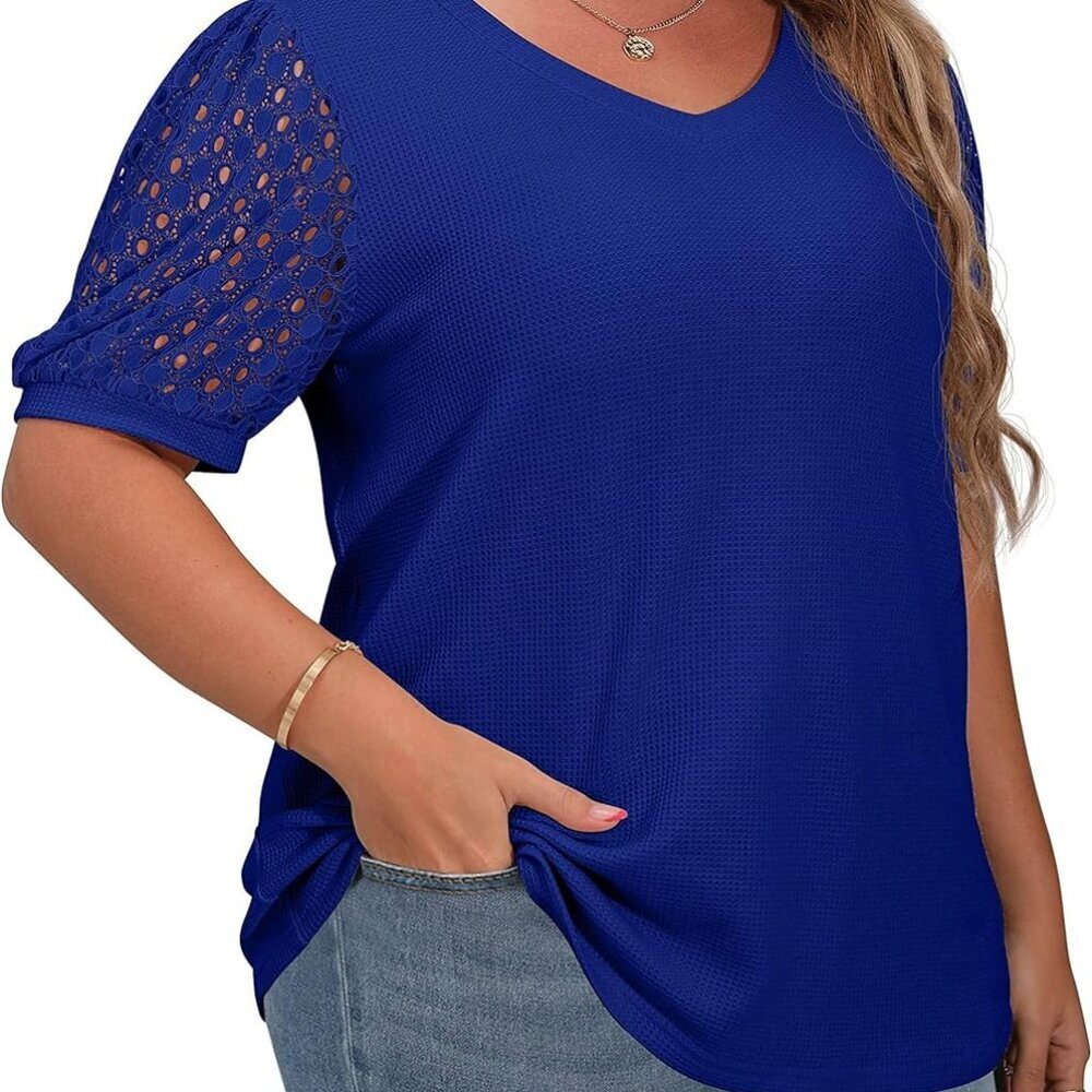 Plus Size Tops for Women Summer Blouse Waffle Knit Short Lace Sleeve Shirts